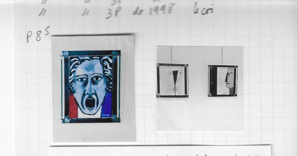 Profil gauche gris, nez droit noir, fond crème, regarde une bande verticale noire, cadre sculpture fer plat + 1 tige de chaque côté