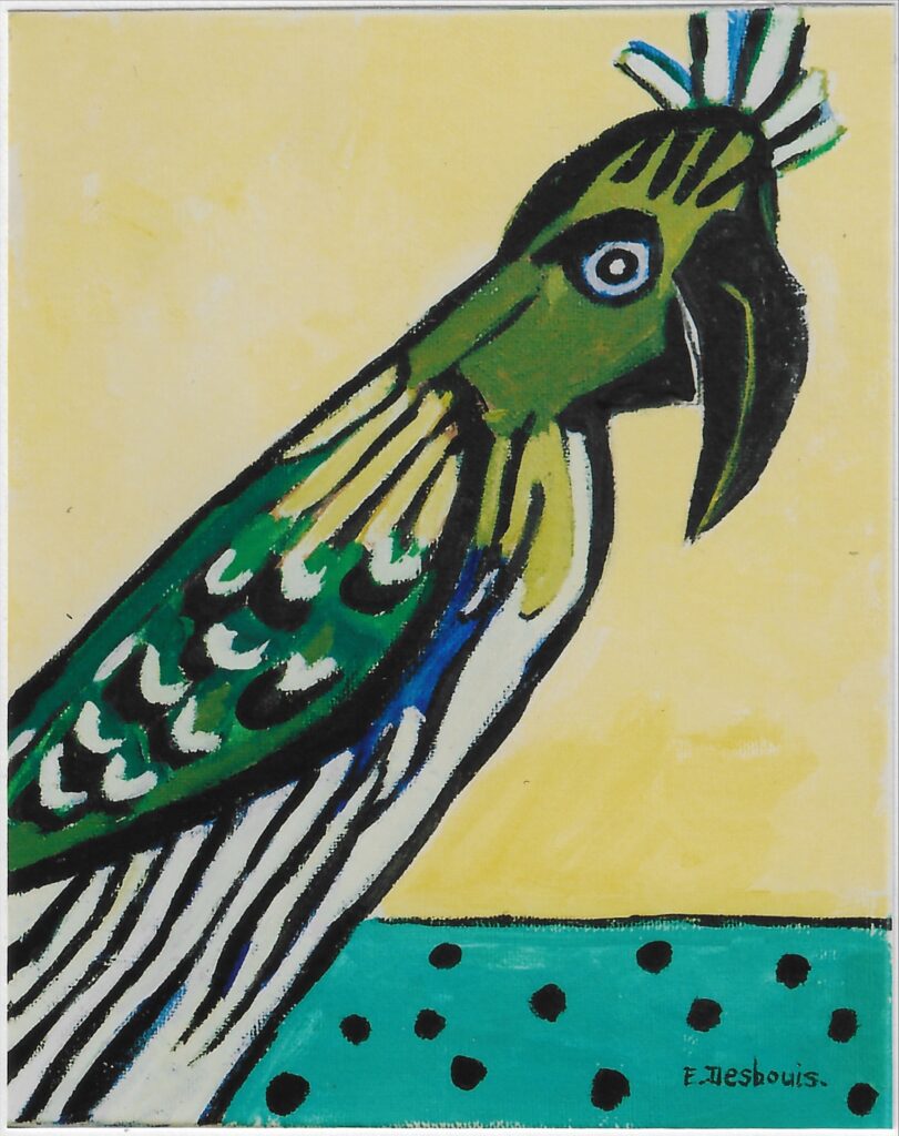 Perroquet de profil, ton vert, jaune et crème, sur fond jaune, et sol turquoise avec points noirs ; cadre sculpture fer plat +1tige torsadée de chaque côté