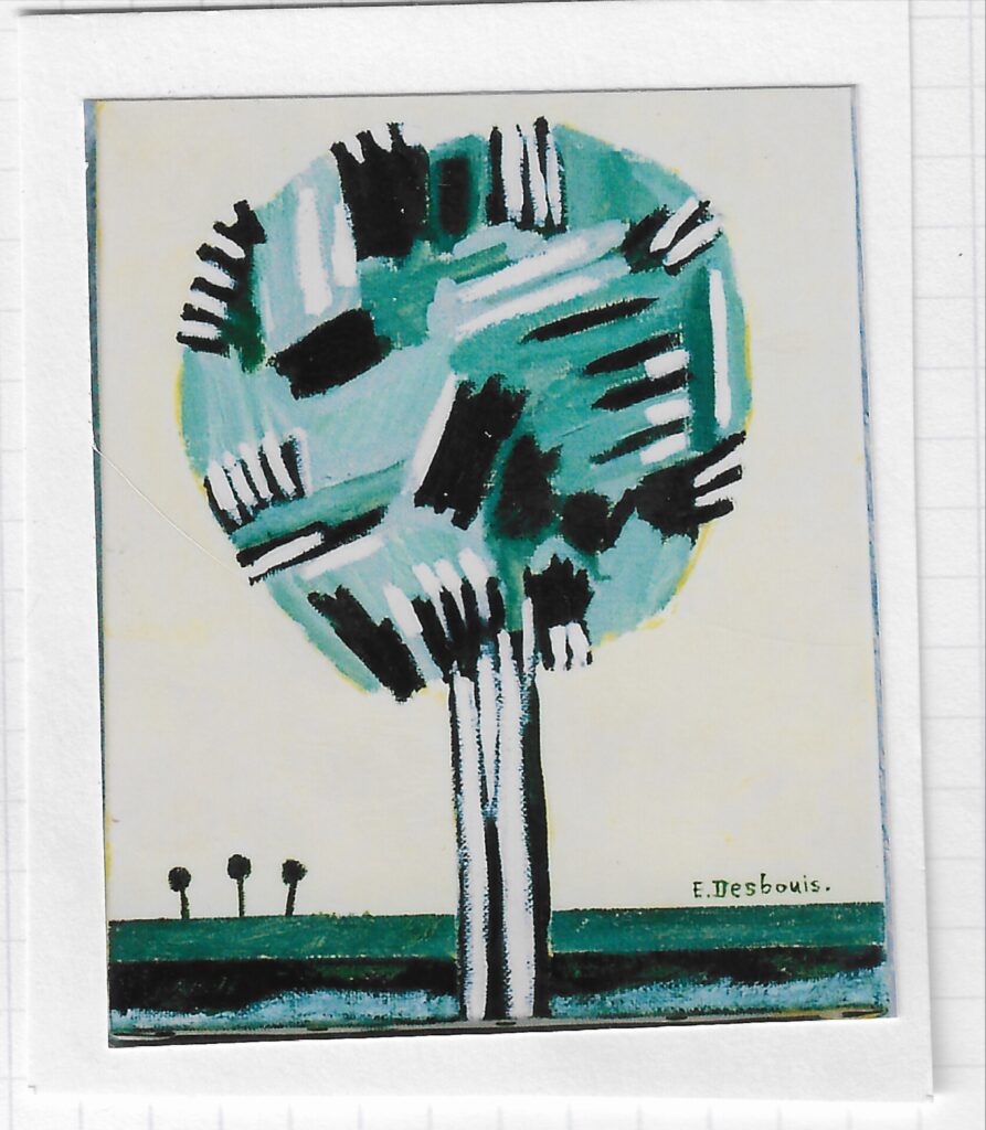 Arbre, tronc blanc et noir, feuillage rond, vert, blanc, noir, fond clair, 3 arbres en arrière plan à gauche ; cadre sculpture fer plat + 1 tige de chaque côté
