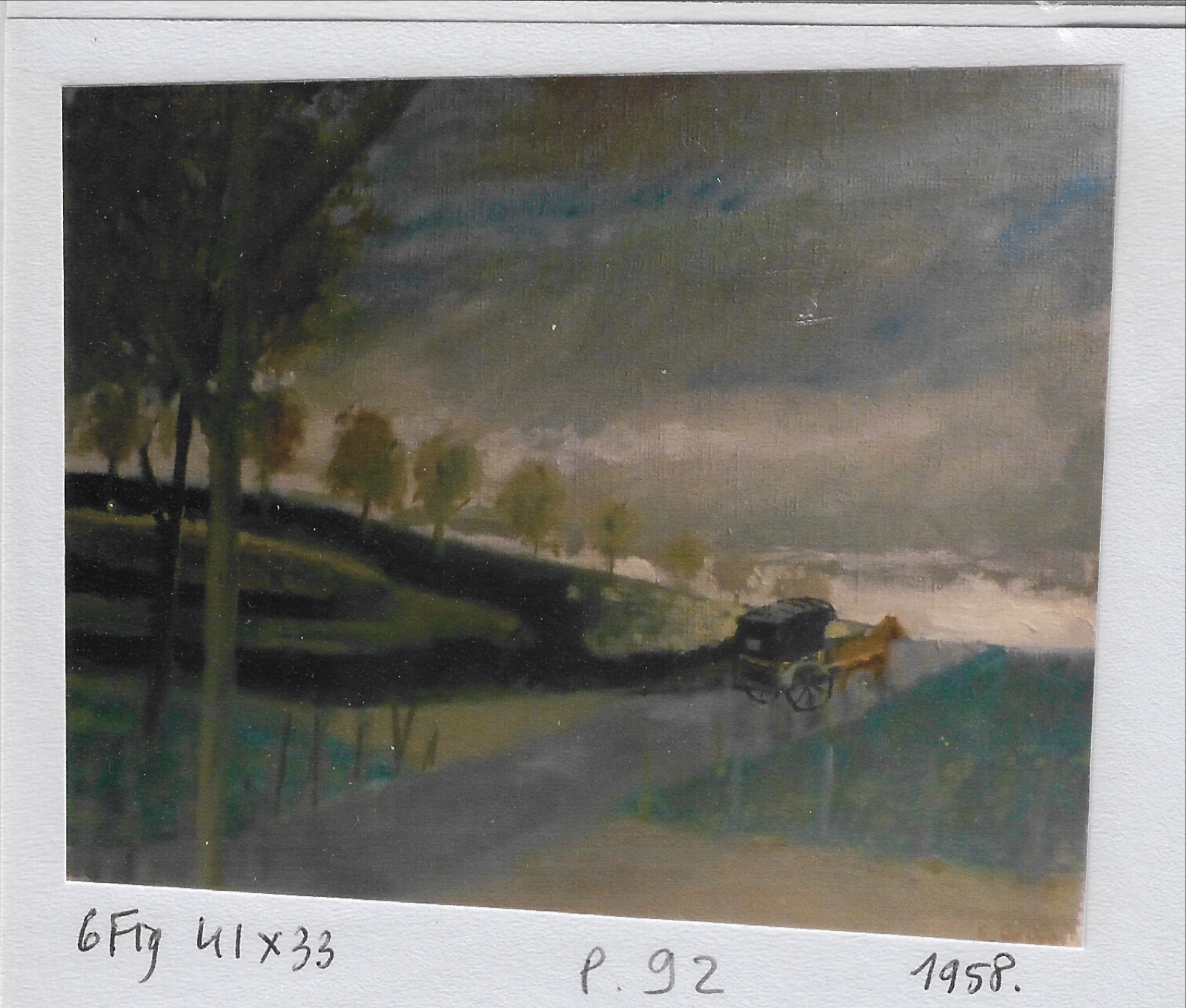 paysage d’automne, avec voiture à cheval sur un chemin gris