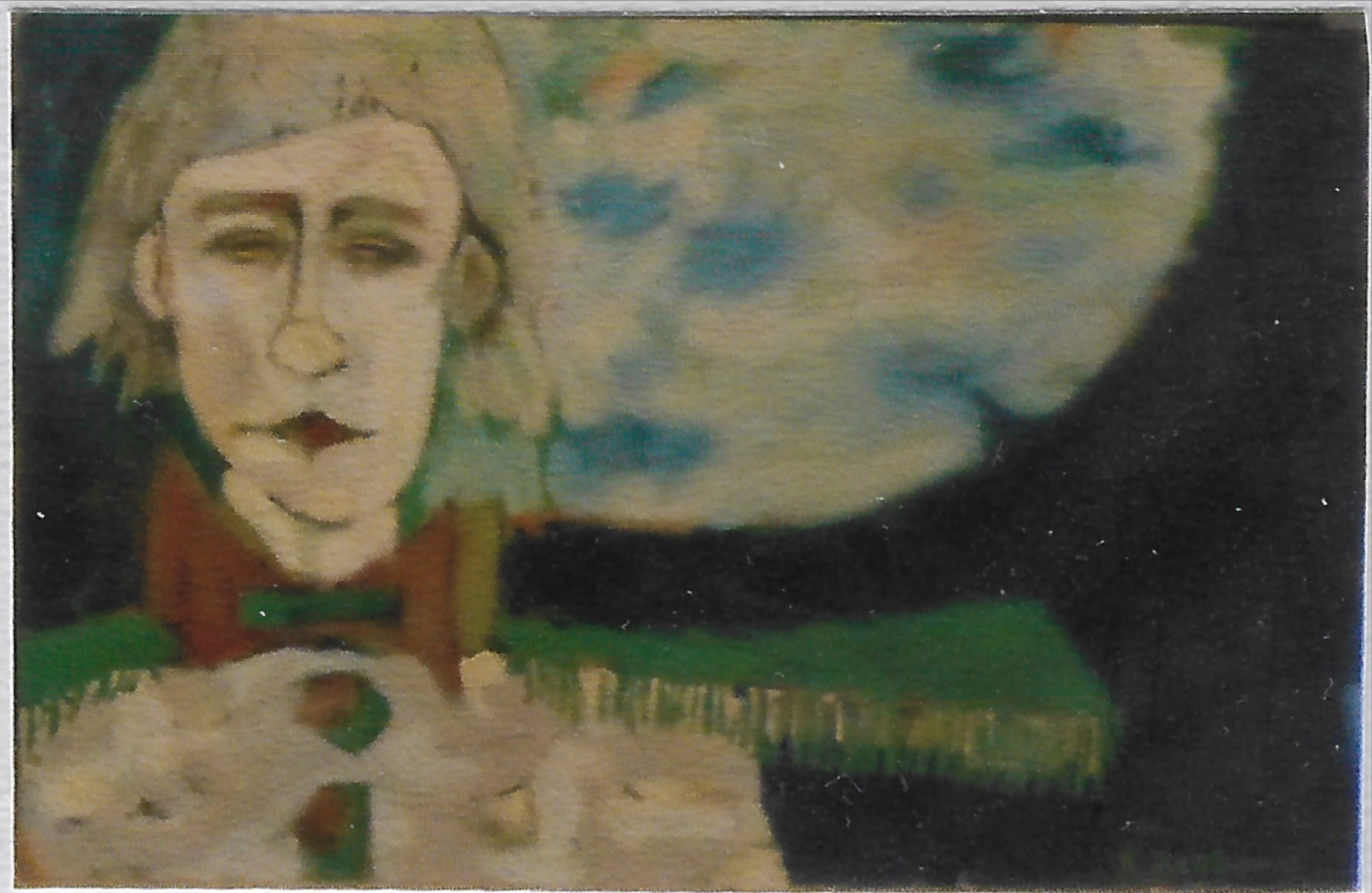 portrait clown sur gauche du tableau, nœud papillon ocre, grande lune gris/bleu derrière, fond noir