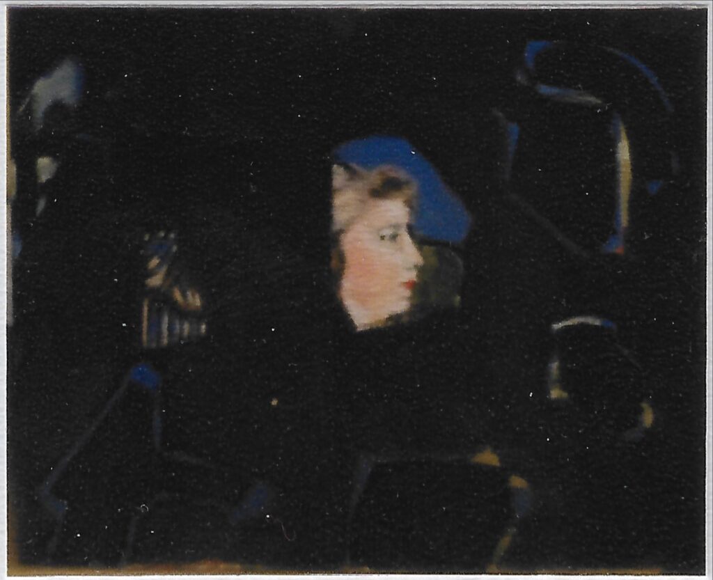petit visage de profil, clair, le reste du tableau est sombre, abstrait dans les tons noir et qq bleu roi