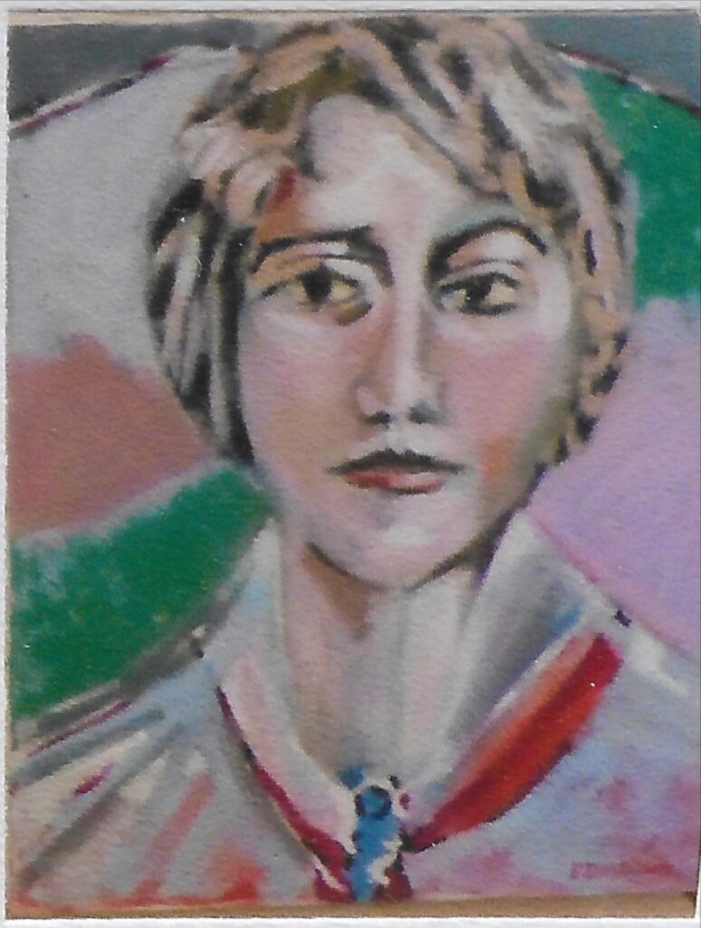 portrait femme cheveu court, beige et noir, fond géométrique vert, rose et gris, col rouge et blanc avec broche grise au centre