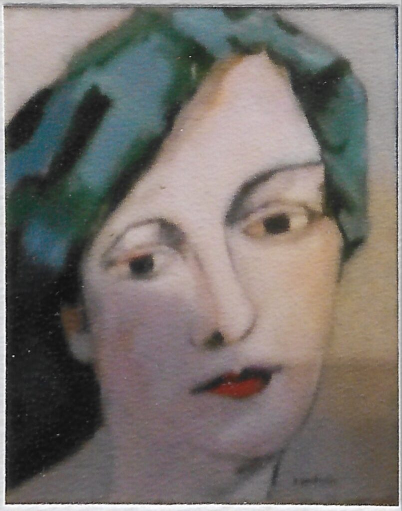 visage femme clair, regard vers la gauche, cheveux gris/vert