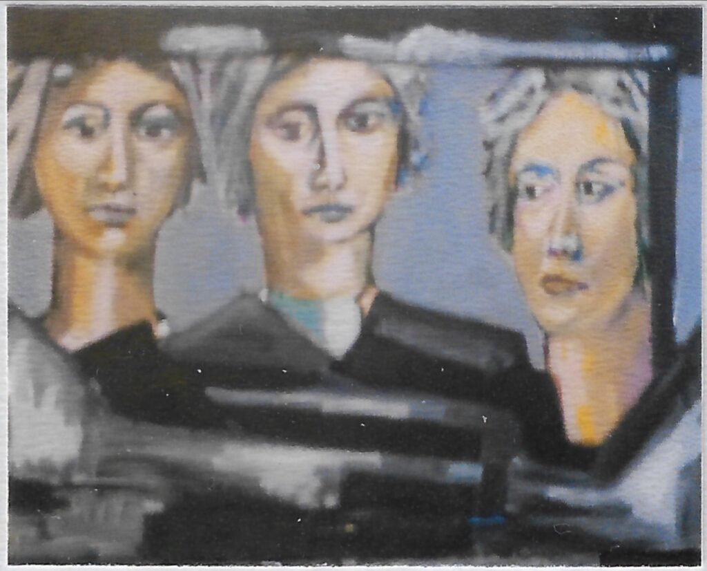 trois portraits, deux à gauche de face, un à droite trois quart gauche, sous leurs cous, bas du tableau noir et trainées blanches,