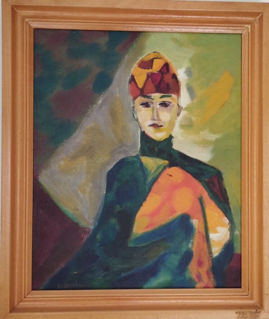 personnage drapé de bleu et d’orange, visage pâle et coifferouge et jaune, fond dans les tons vert ; cadre bois bland