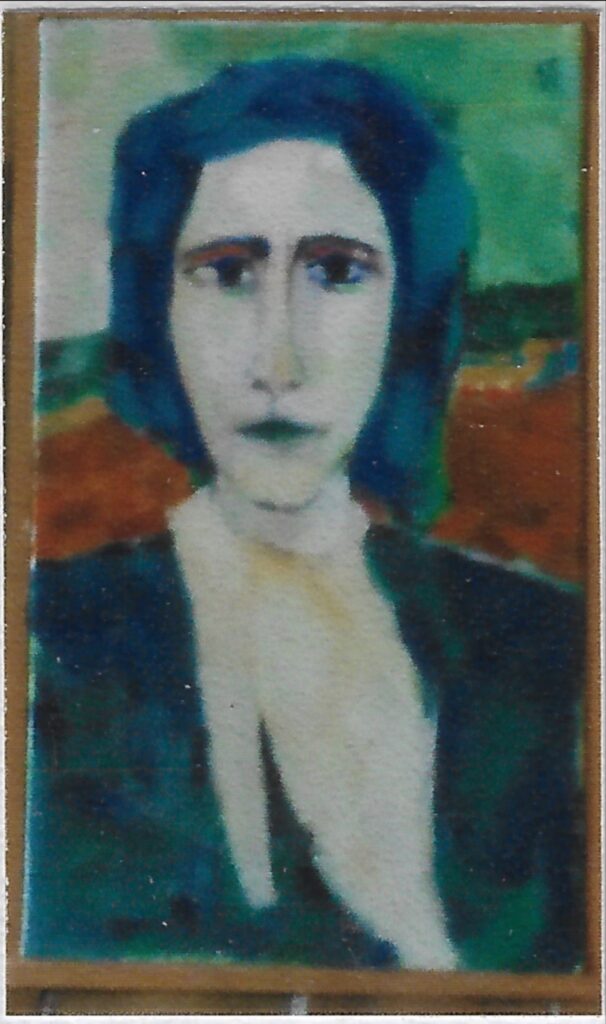 portrait de face femme cheveux mi-longs, habillée de noir et foulard blanc, fond vert et ocre rouge