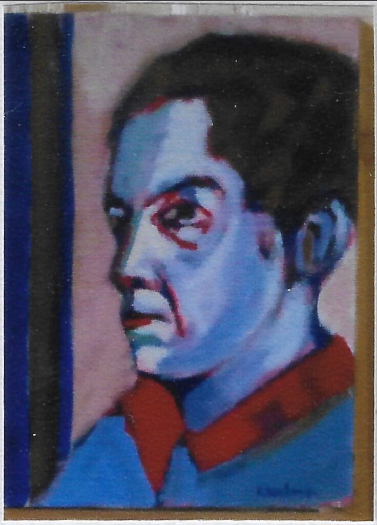 profil gauche, homme, pull bleu et col rouge (autoportrait?)
