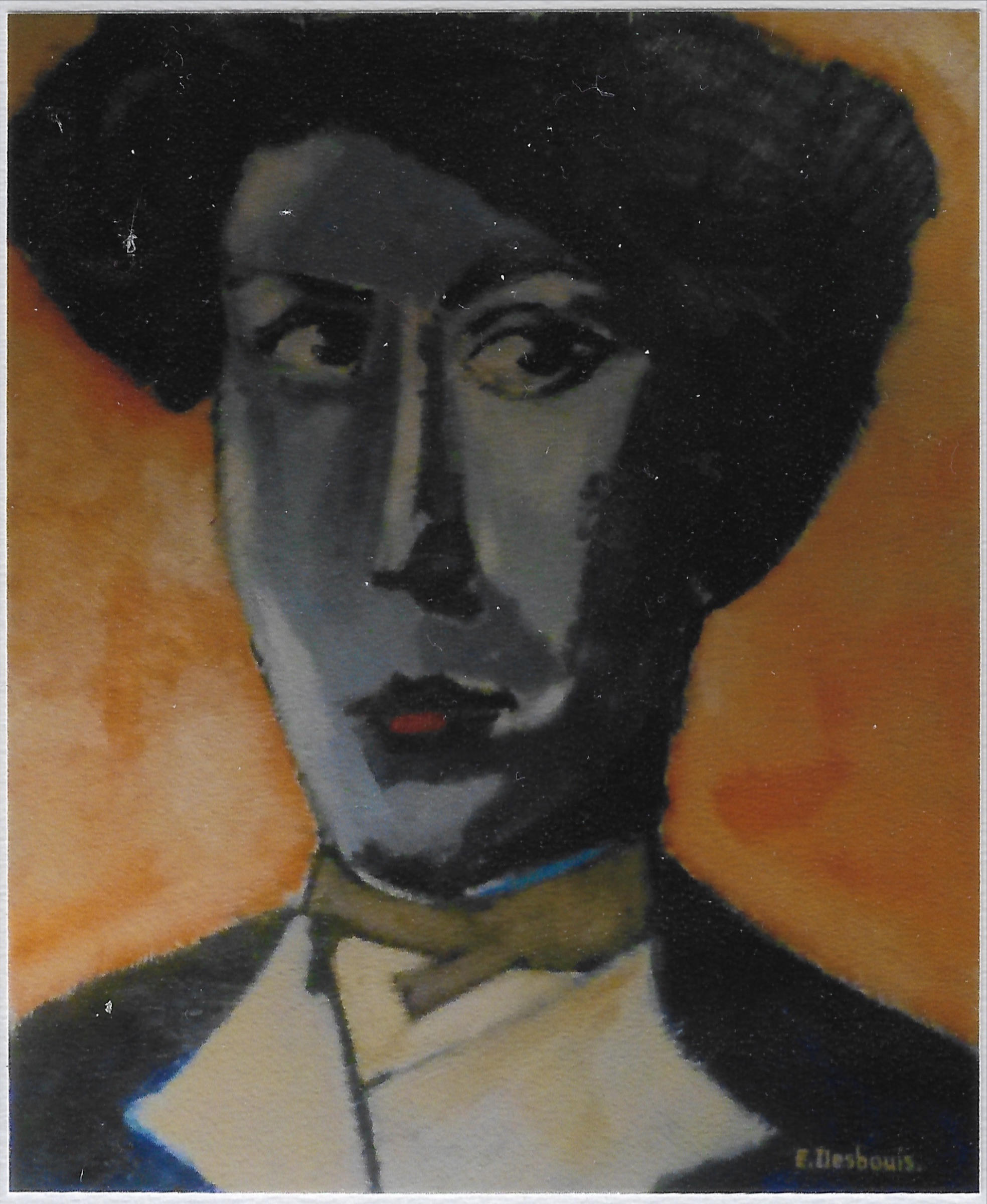 Portrait femme de face, visage dans les tons bleus, col blanc, foulard fin ocre brun, coiffure « boule » noire