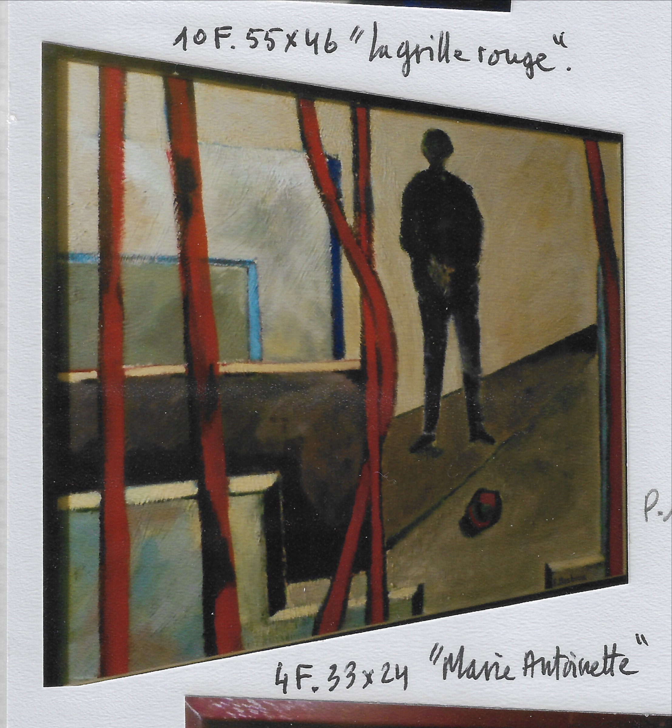 paysage abstrait avec murs de différentes hauteurs que la gauche, 4 lignes rouges verticales, dont deux enroulées, une silhouette d’homme en arrière plan