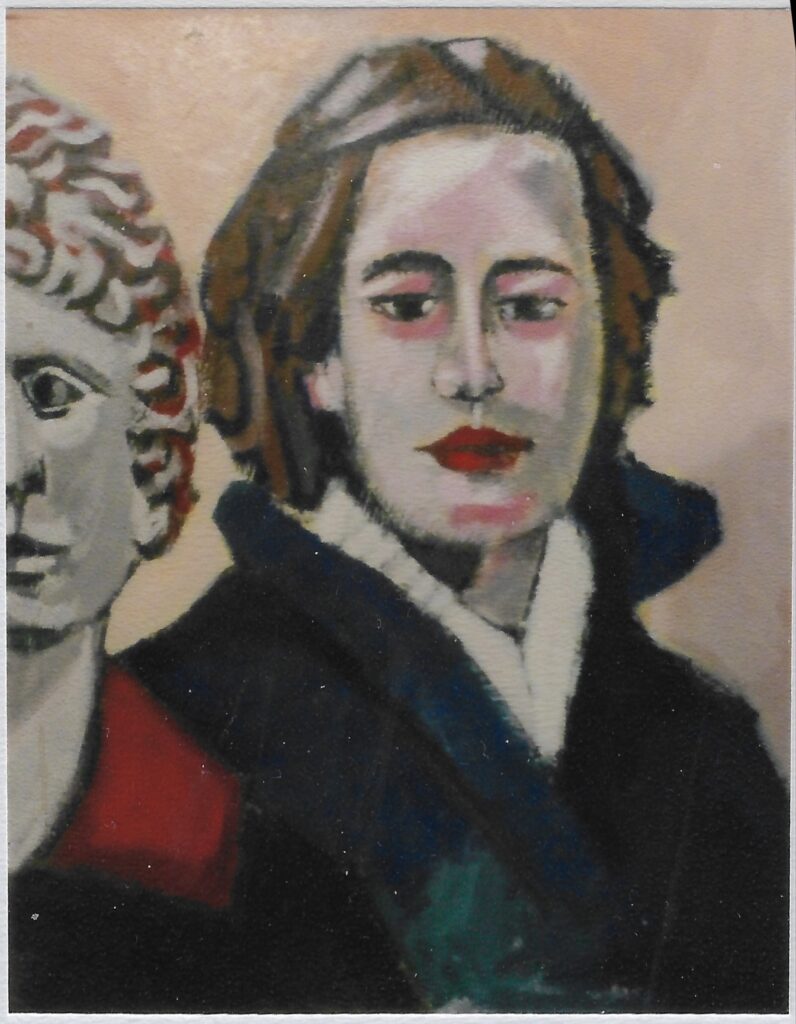 portrait homme cheveux mi-longs, manteau belu col relevé sur pull blanc, sur la gauche demi-visage d’un buste gris