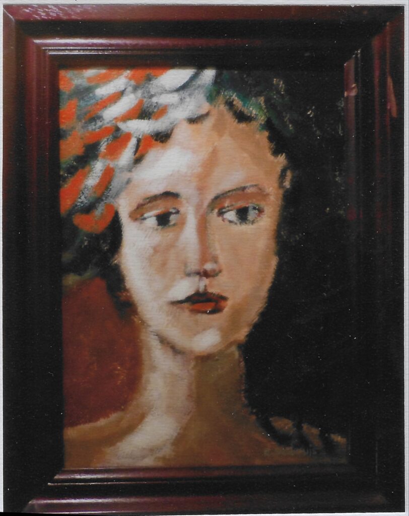 portrait de femme, cheveux blanc et rouge en mèche à sa droite, regard dans le vide, cou nu, cadre bois bordeaux