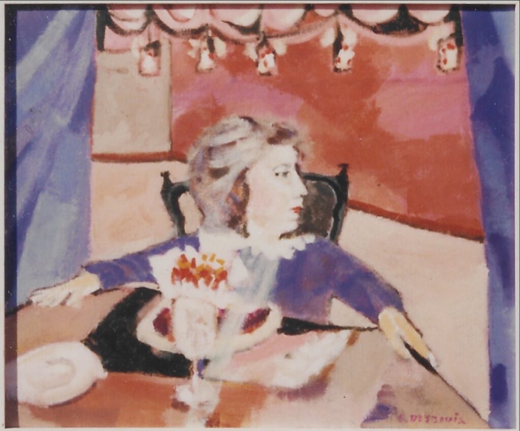 Enfant à table, tête tournée à droite, bras allongés le long de la table ronde, devant un gâteau avec des bougies, guirlande au dessus de lui, rideaux bleu de chaque côté MODIFIE : seul le visage reste sur fond noir et bleu, cf P-105
