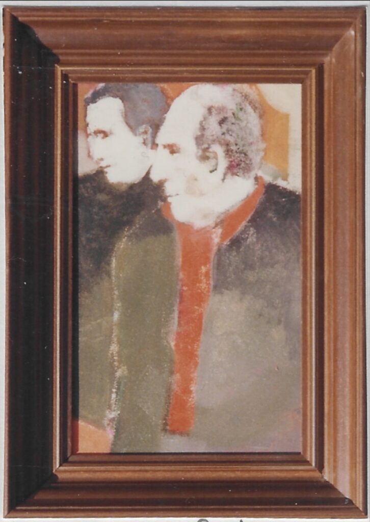 Deux hommes, profil gauche, au premier plan manteau sombre et écharpe rouge, tête et buste du deuxième plan, cadre bois mouluré marron