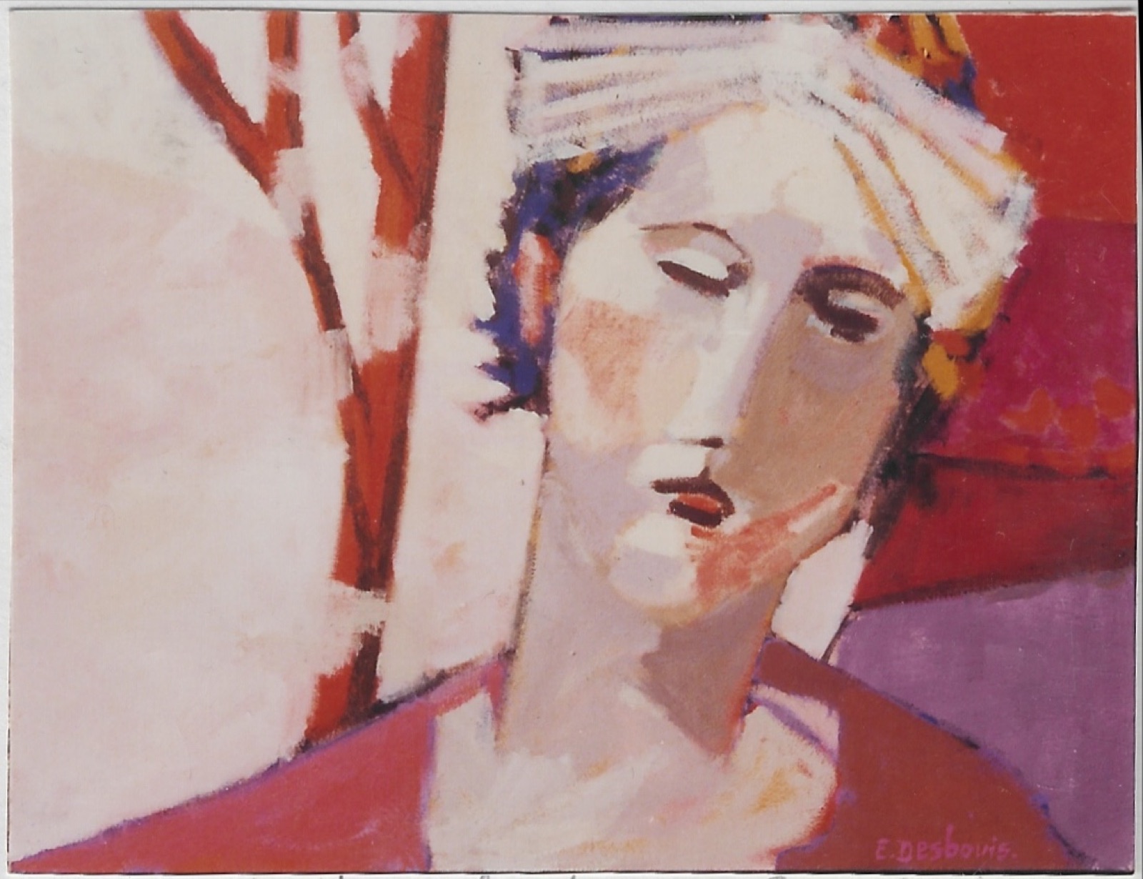 Portrait femme yeux fermés, tête penchée à droite, à droite, fond géométrique rouge et violet, à gauche, tronc avec qq branches arbre rouge, fond clair