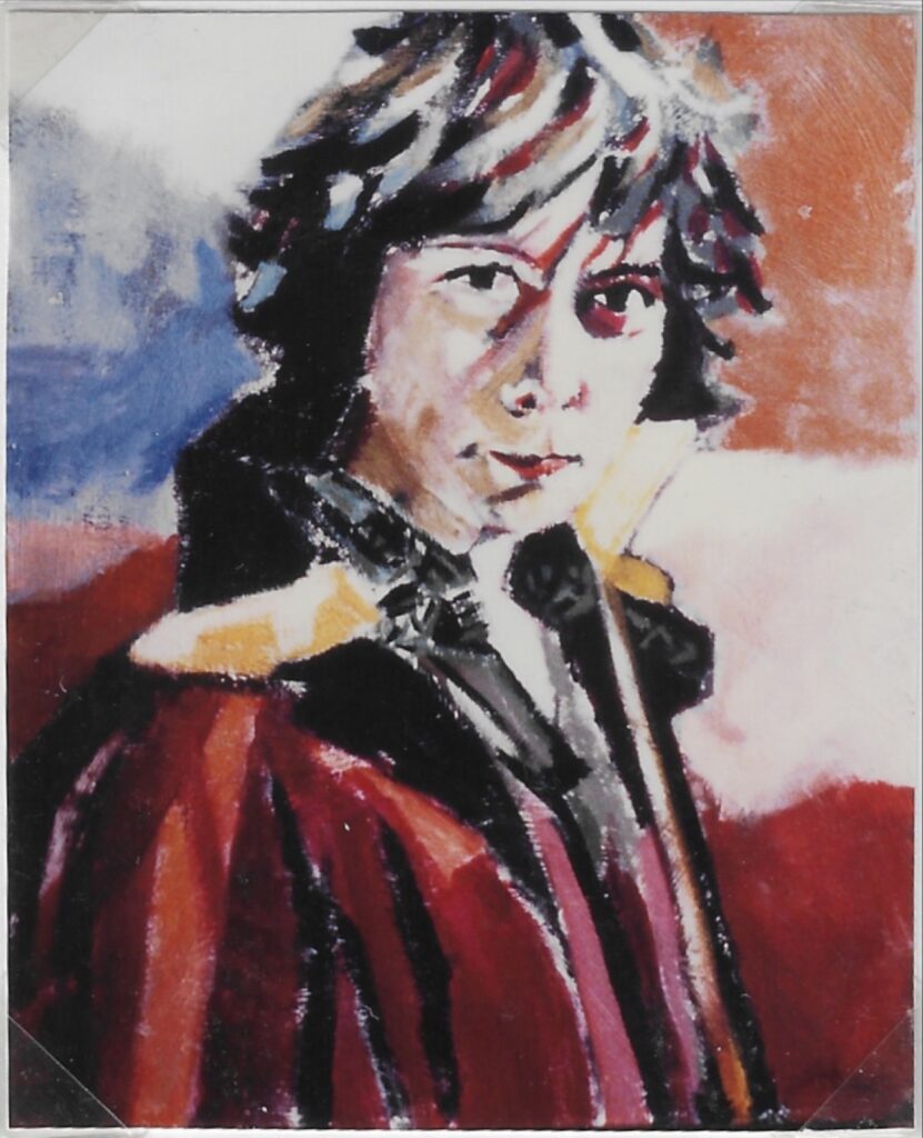 Portrait de sa femme de côté, visage tournée vers la droite qui nous regarde, imper bordeaux et noir, cheveux noir et mèches claires, fond tricolore