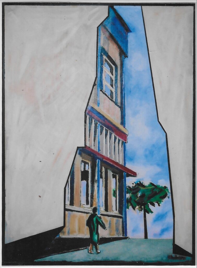 À l’origine, façade côté poste de St-Lo, avec piéton, 1 arbre et ciel menaçant ; puis remanié : seul le centre du bâtiment et visible comme vu d’une déchirure , deux bandes irrégulière beige de chaque côté, ciel bleu