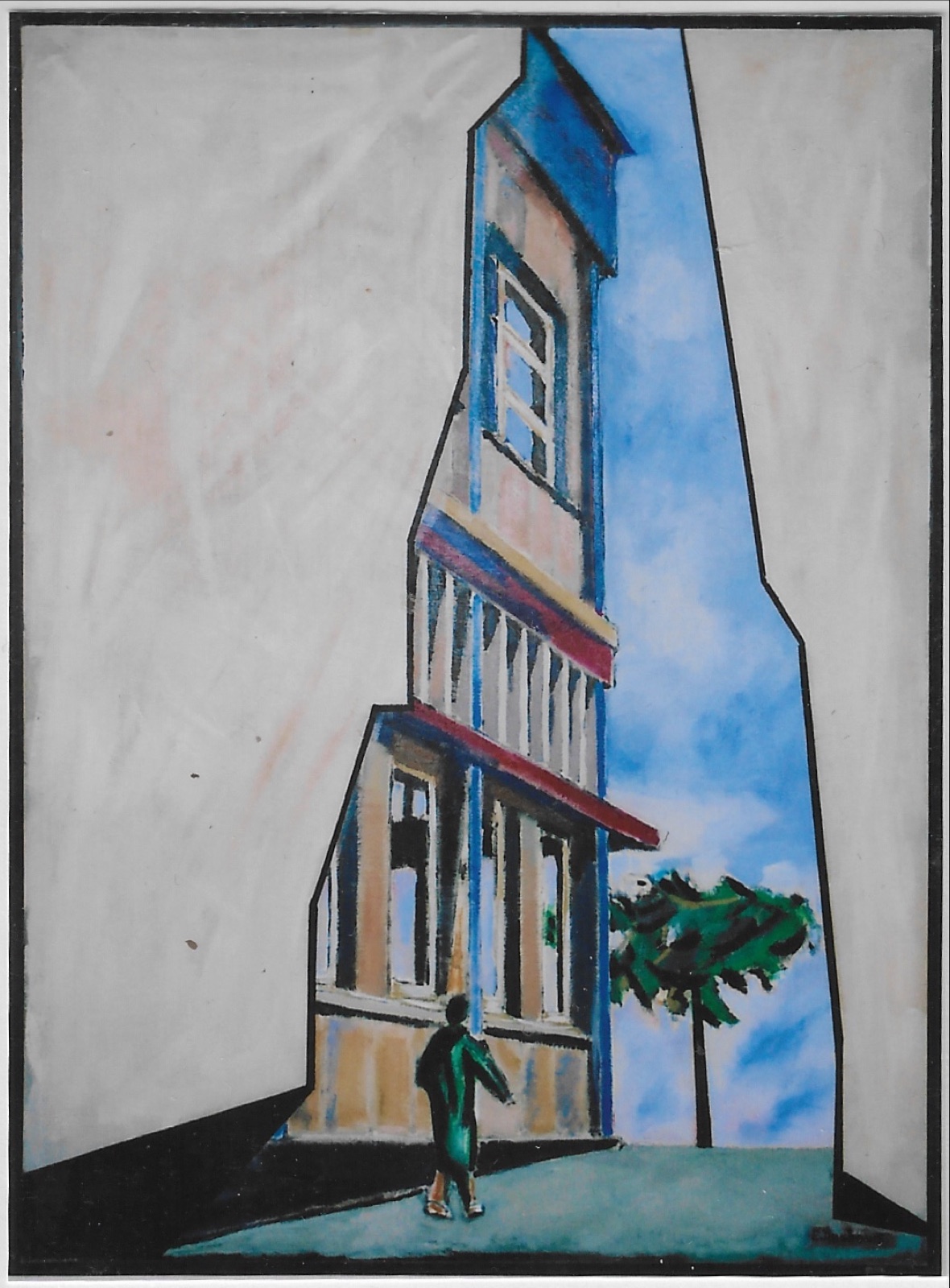 À l’origine, façade côté poste de St-Lo, avec piéton, 1 arbre et ciel menaçant ; puis remanié : seul le centre du bâtiment et visible comme vu d’une déchirure , deux bandes irrégulière beige de chaque côté, ciel bleu