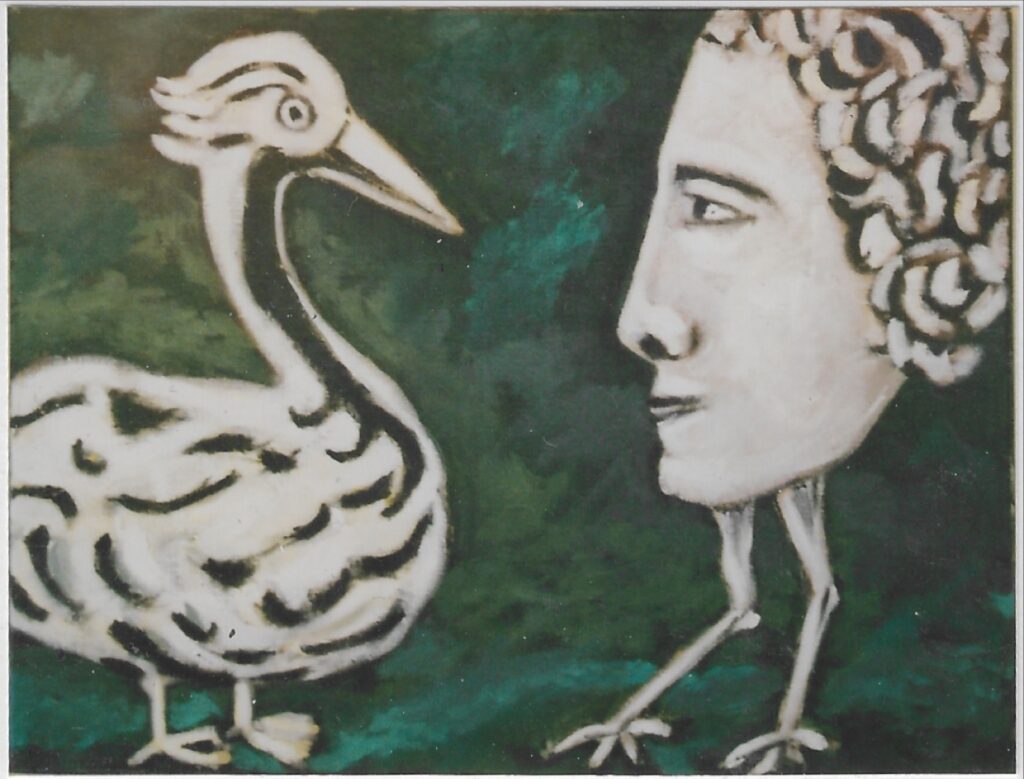Fond verts, une sorte de canard noir et beige à gauche face à un profil de même couleur sur pattes de volaille