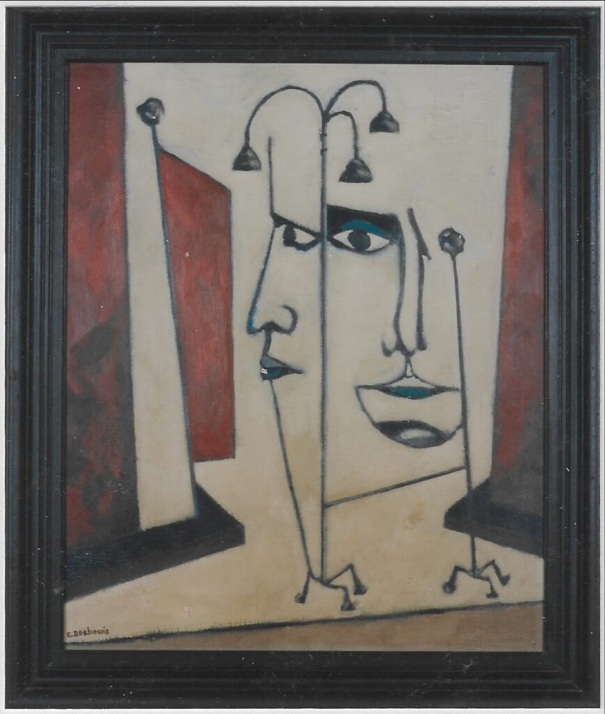 Abstrait, lampadaire avec un profil, fond clair, figures géométrique rouge, un personnage de face sur tige avec un seul oeil