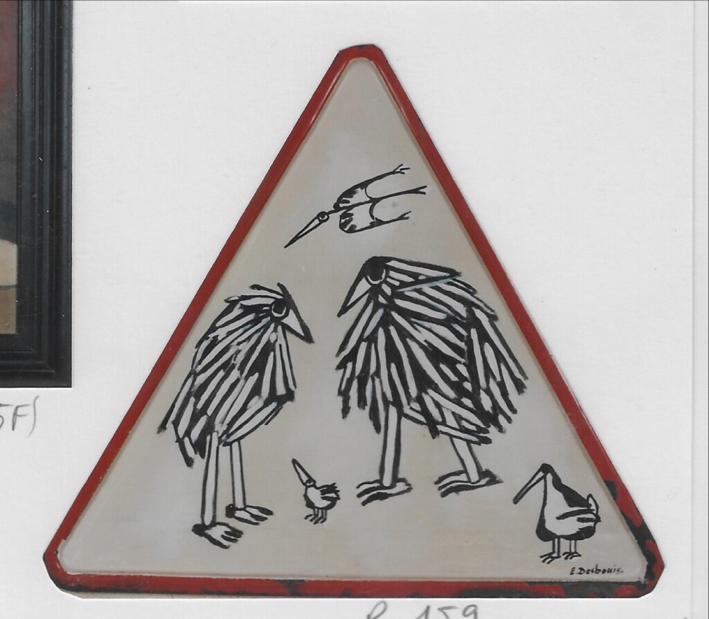 acrylique sur panneau de signalisation triangulaire, 2 gros oiseau face à face, deux petits et un volant entre les deux