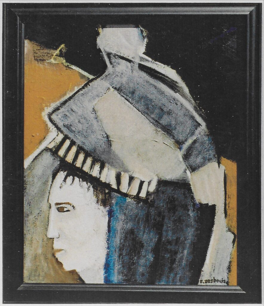 Visage de profil gauche, sous une silhouette abstraite, tons gris bleutés