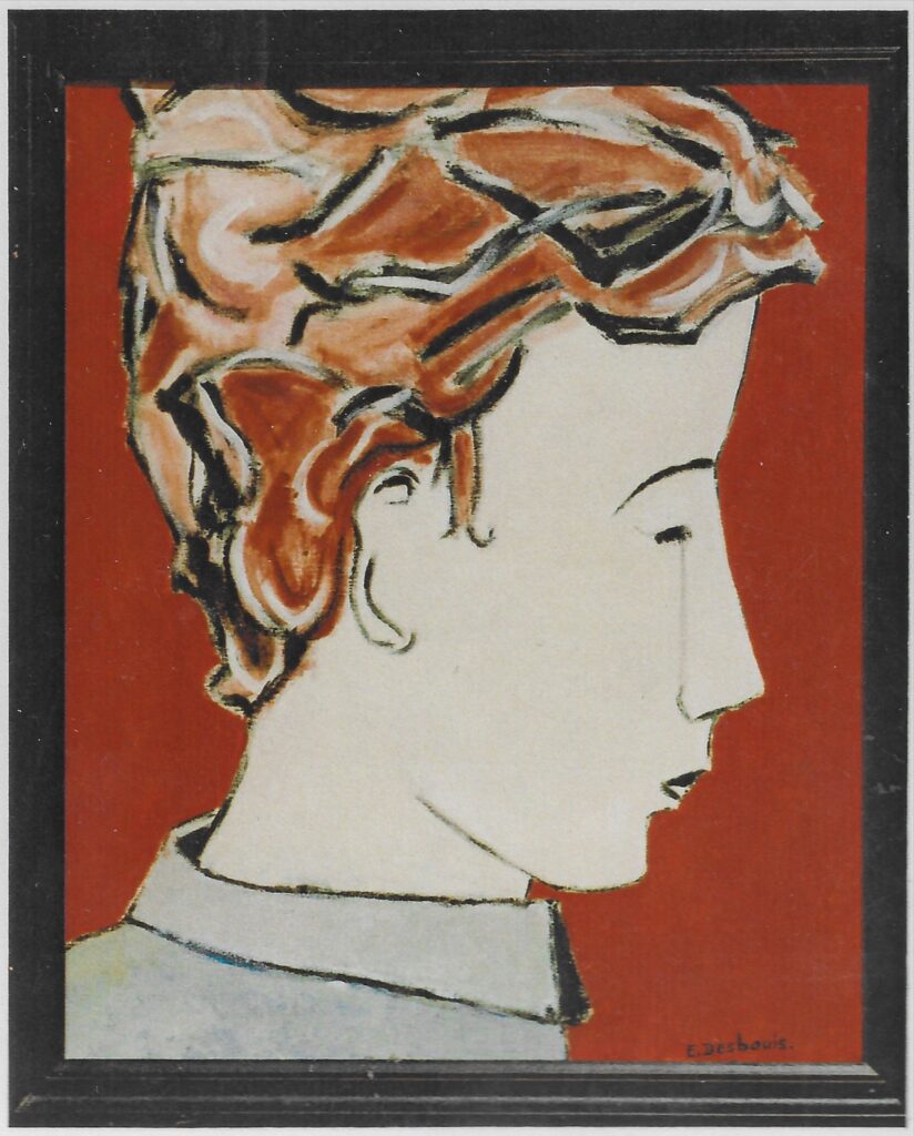 Profils droit fond rouge, visage pâle, chemise grise, cheveux oranger
