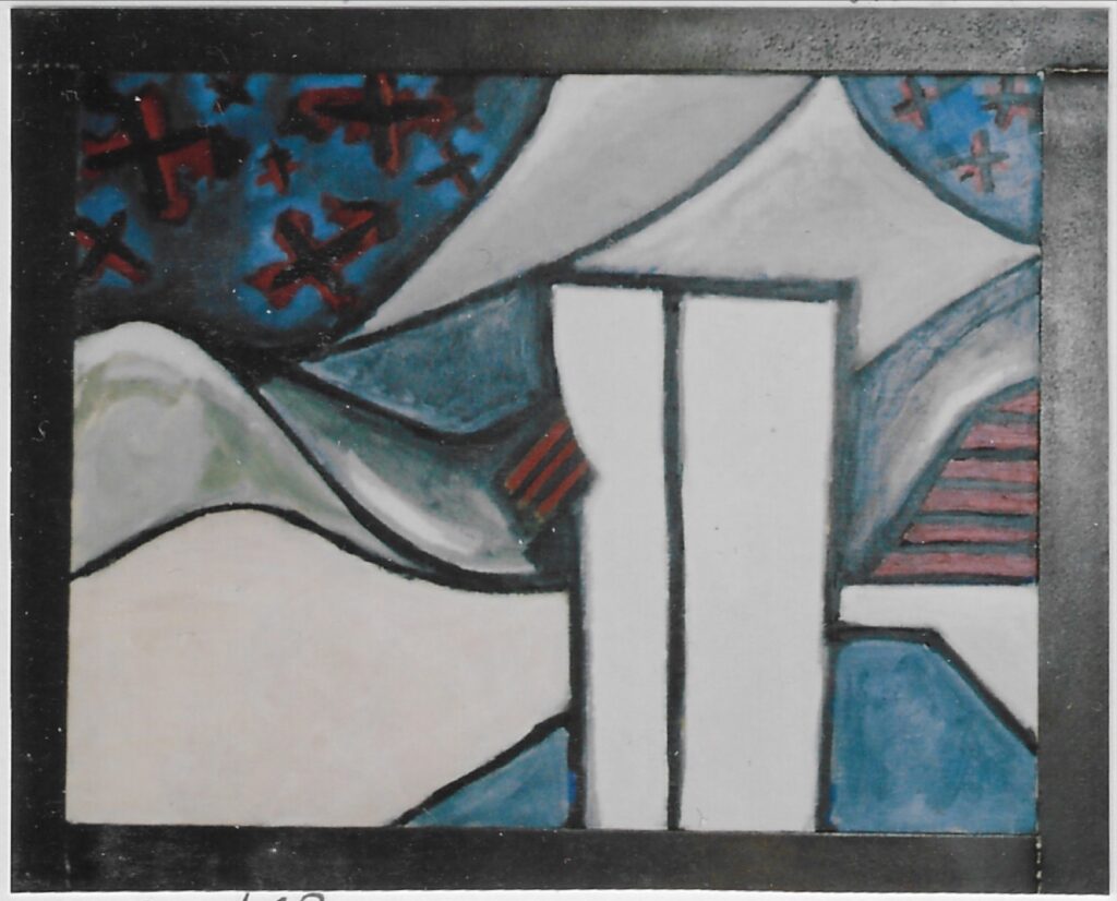 Abstrait deux bandes claires entourées de noir figurent le visage, une cornettes grise des coix noires et rouges dans le ciel sombre ; cadre en acier patiné