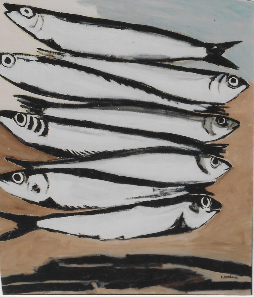 8 sardines rangées horizontalement sur fond gris, blanc, marron et noir