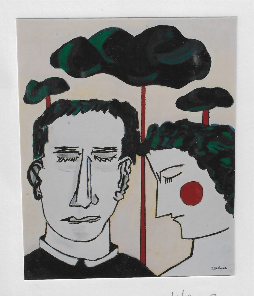 Portrait d’un personnage de face, yeux fermés, à sa droite un personnage de profil à pommette rouge, trois nuages verts sur fond clair