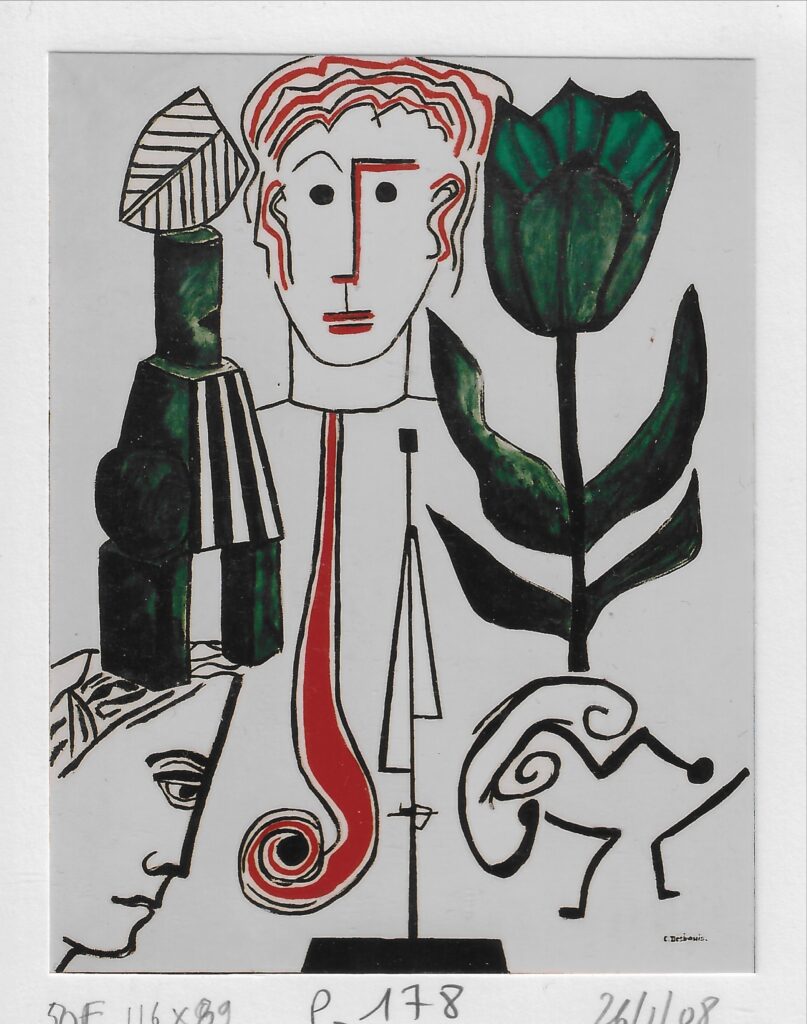 1 tête stylisée rouge et noire en haut au milieu, une tulipe verte à droite, un bloc géométrique à gauche, un profil en bas à gauche, 1 reproduction d’un de ses bougeoirs enbas au centre