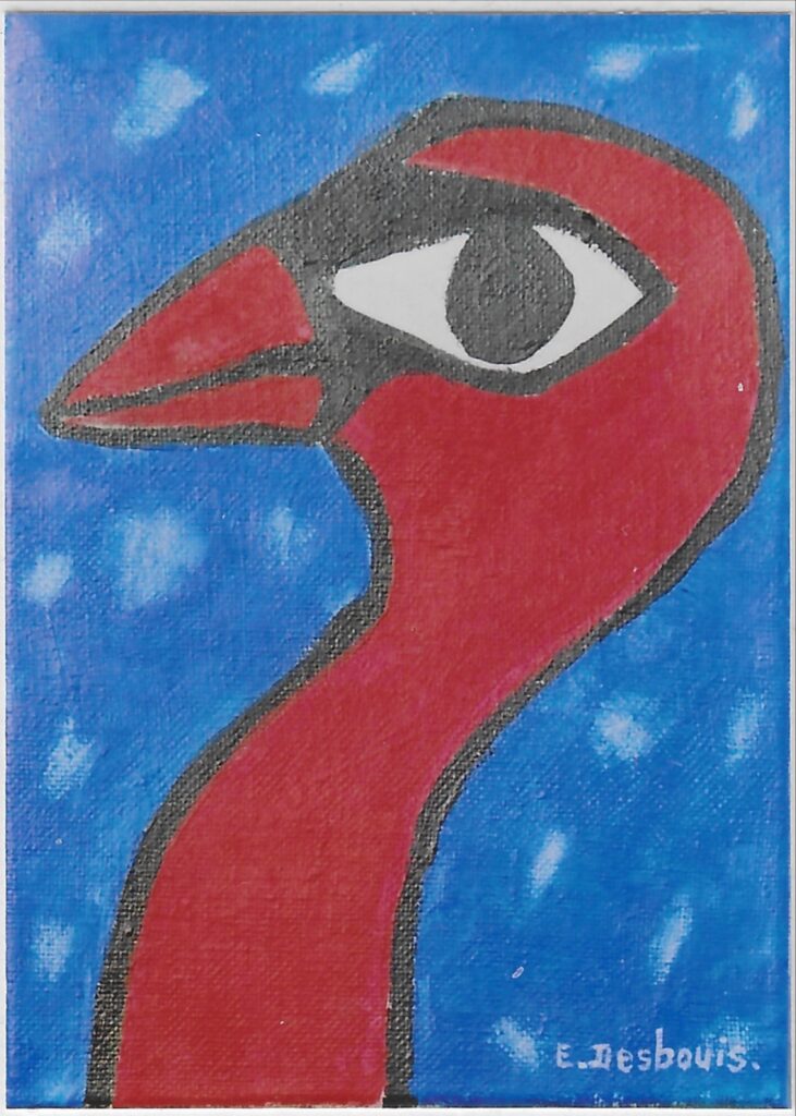 Une tête d’oiseau rouge vif avec un gros œil, fond bleu moucheté de blanc