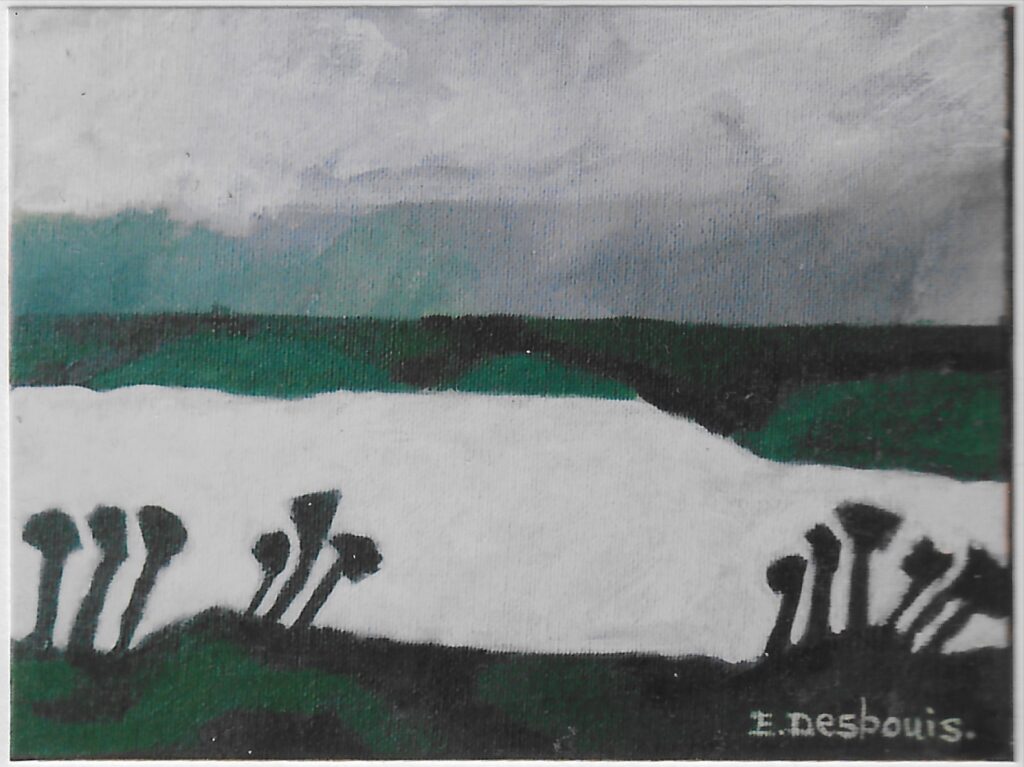 Paysage vert et blanc, groupes de fleurs rondes sur tiges