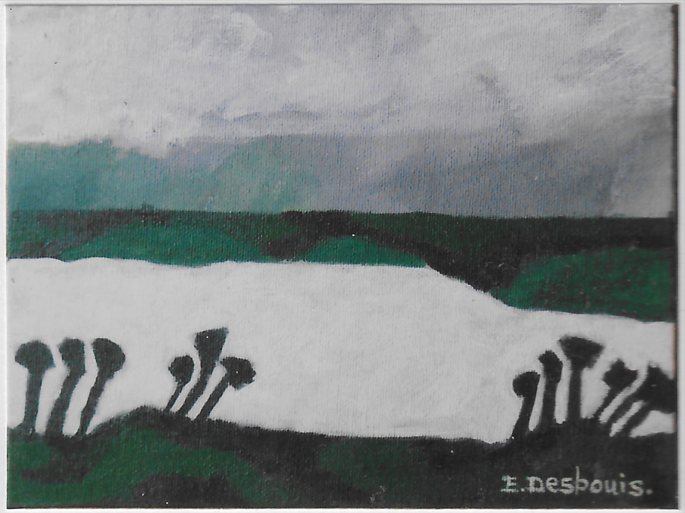 Paysage vert et blanc, groupes de fleurs rondes sur tiges