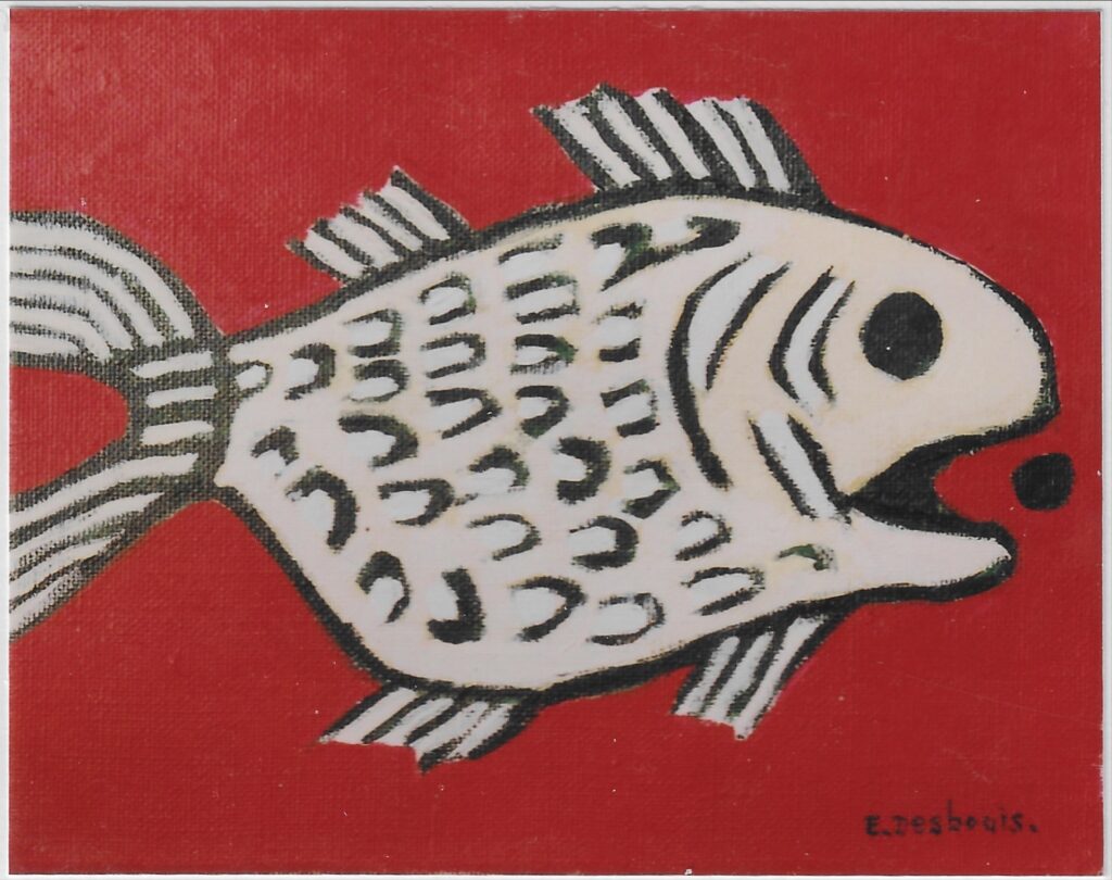 1 gros poisson beige à écaille blanches cernées de noir, fond rouge vif. Il va manger un rond noir