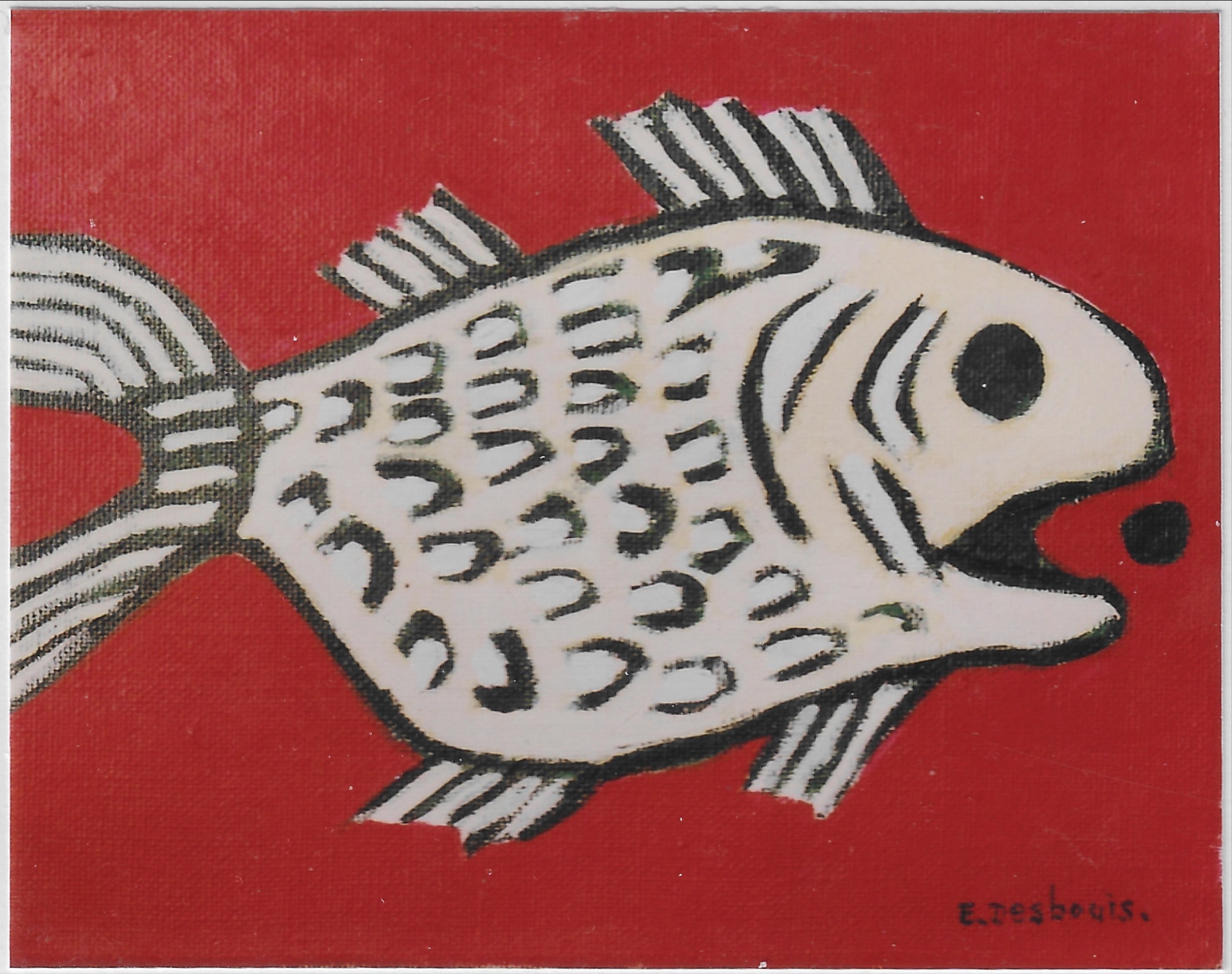 1 gros poisson beige à écaille blanches cernées de noir, fond rouge vif. Il va manger un rond noir
