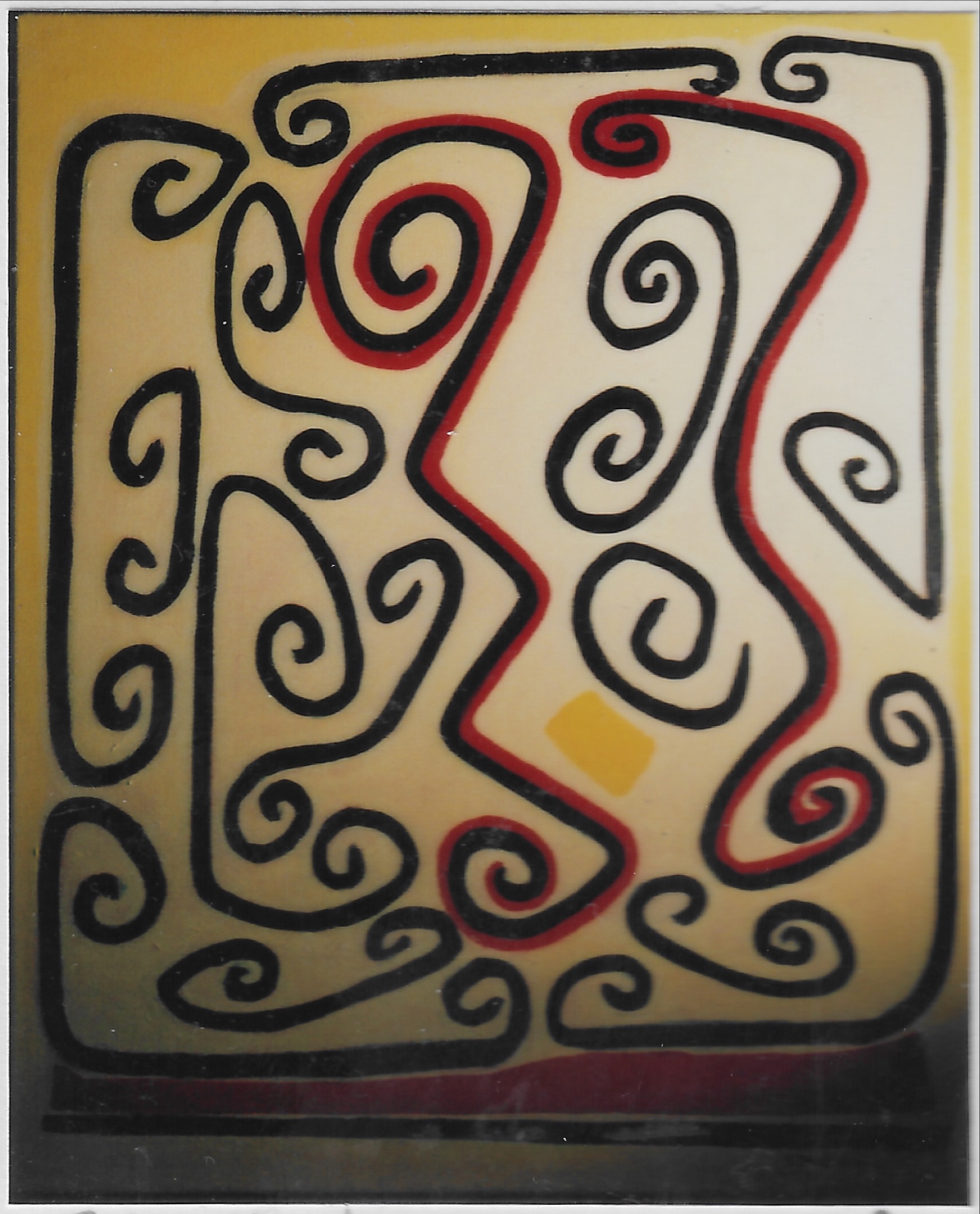 Abstrait, volutes noires et deux volutes rouges. Fond clair