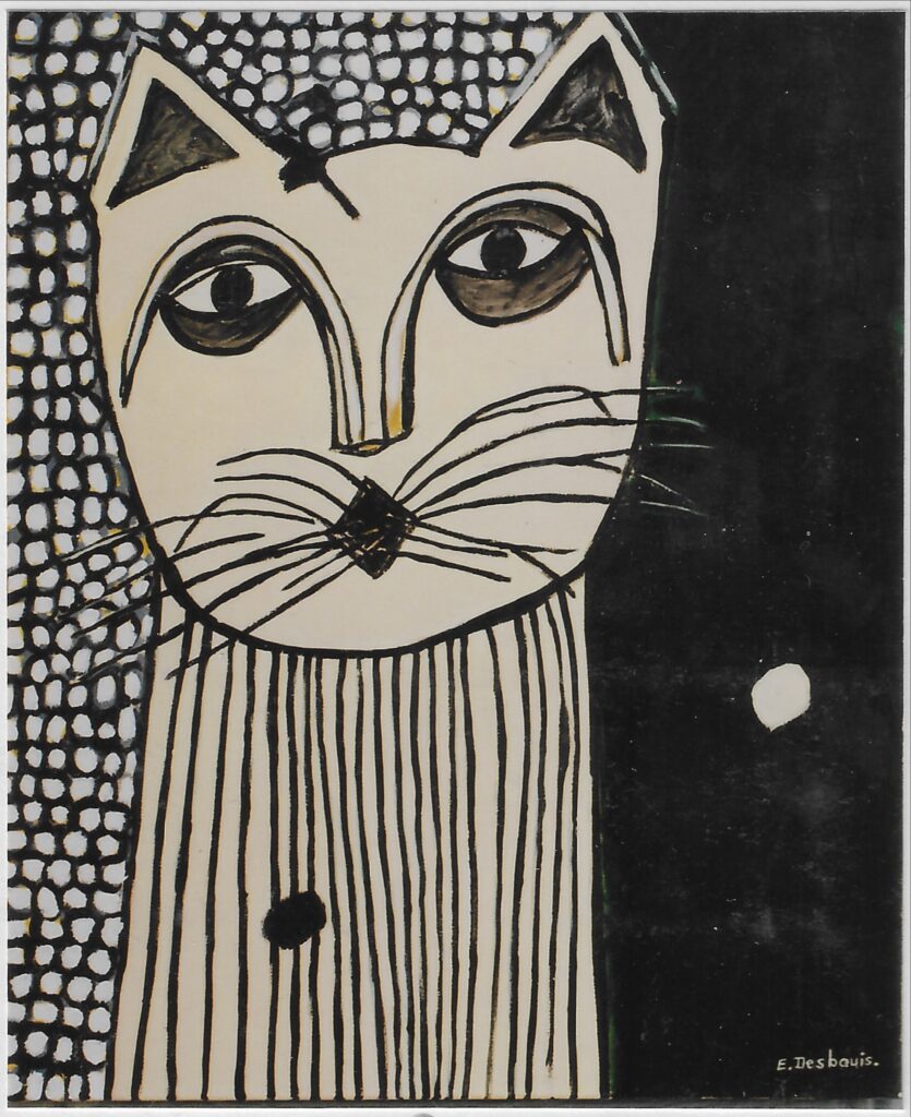 Tête de chat beige à moustache, corps rayé de noir, fond noir à rond blanc à gauche, noir à droite avec un petit cercle blanc