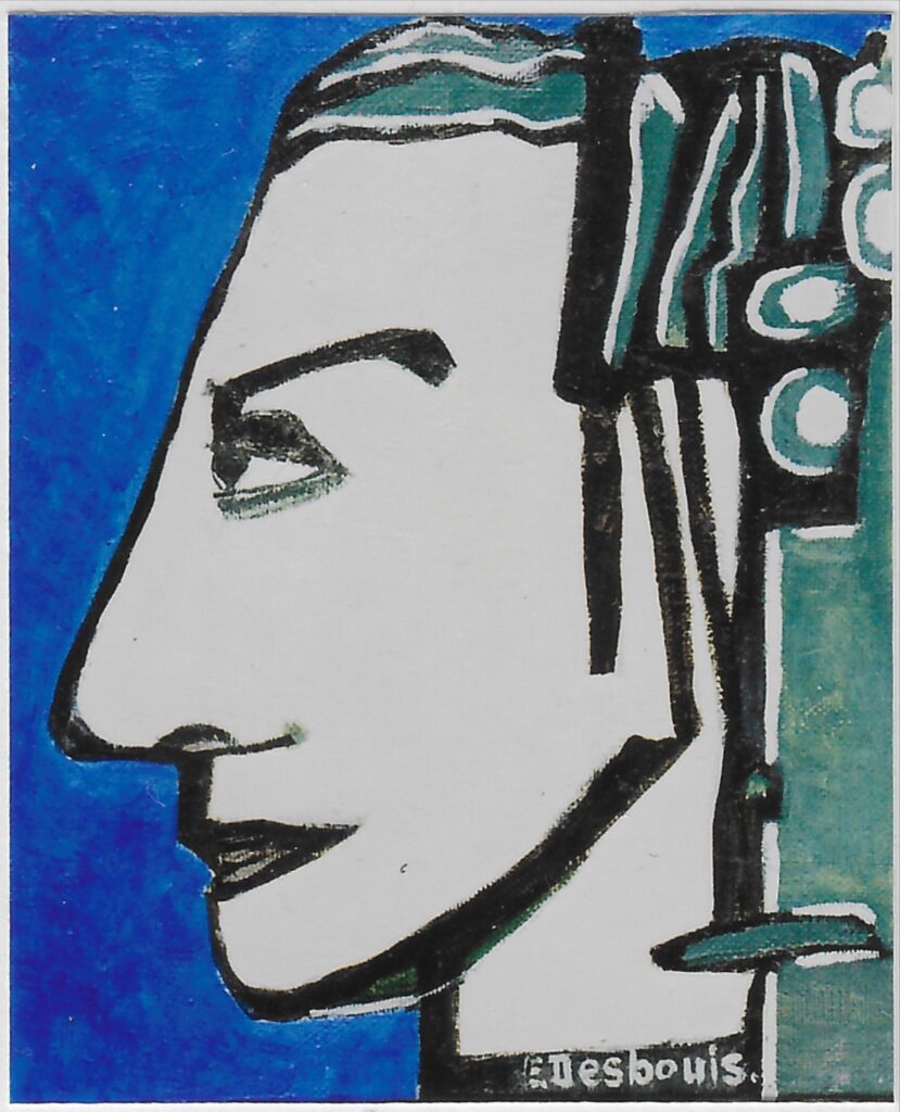 Profil dur fond bleu, formes géométrique à l’arrière de la tête