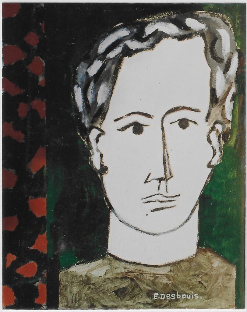 Portrait de face, blanc et noir, une bande noir tachée de rouge à droite, reste du fond vert