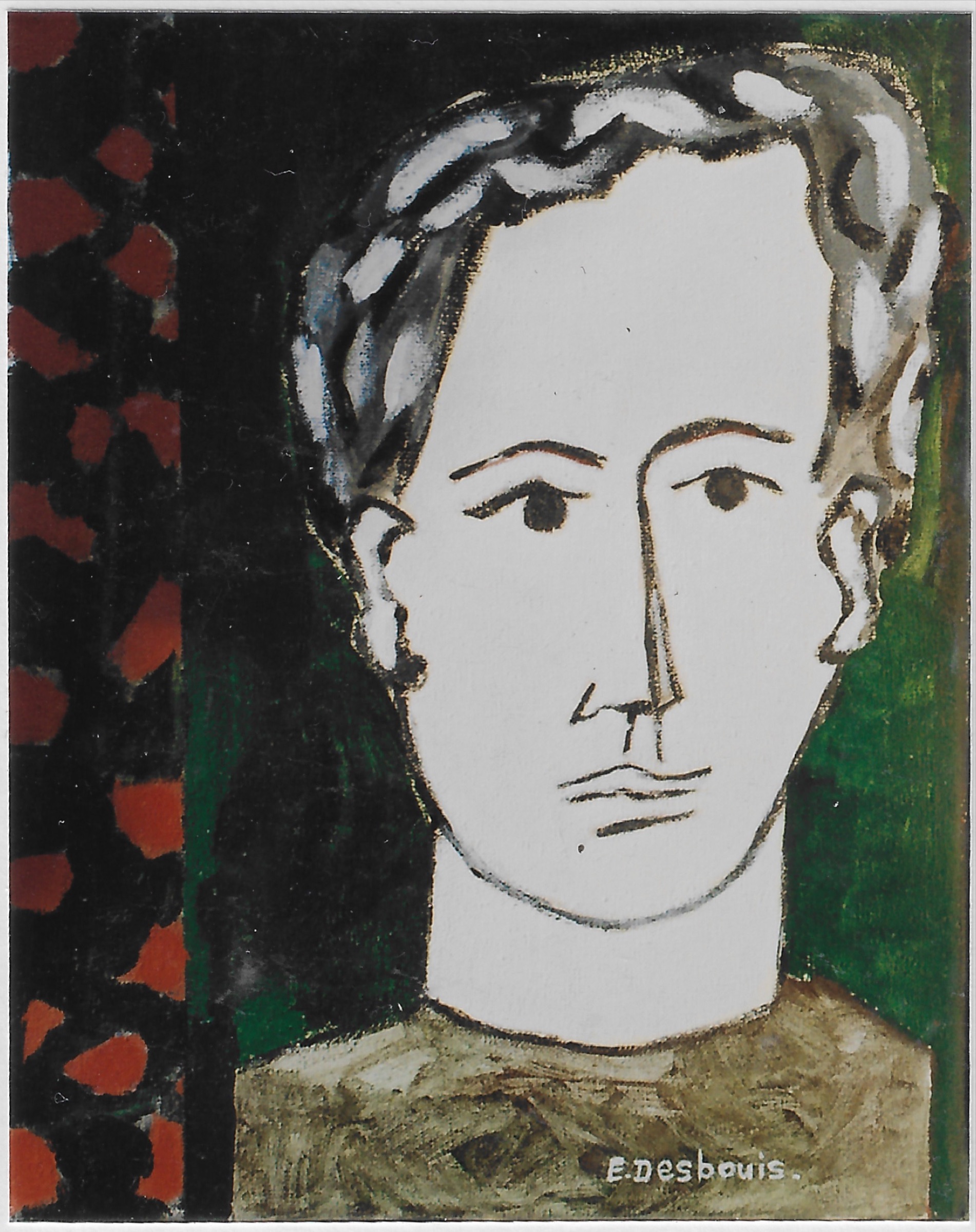 Portrait de face, blanc et noir, une bande noir tachée de rouge à droite, reste du fond vert