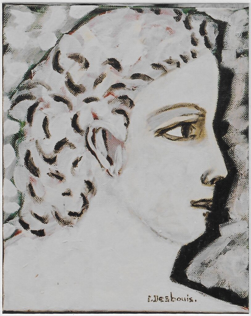 Profil droit, cou large, noir et blanc, halo noir autour du visage, cheveux longs ondulés