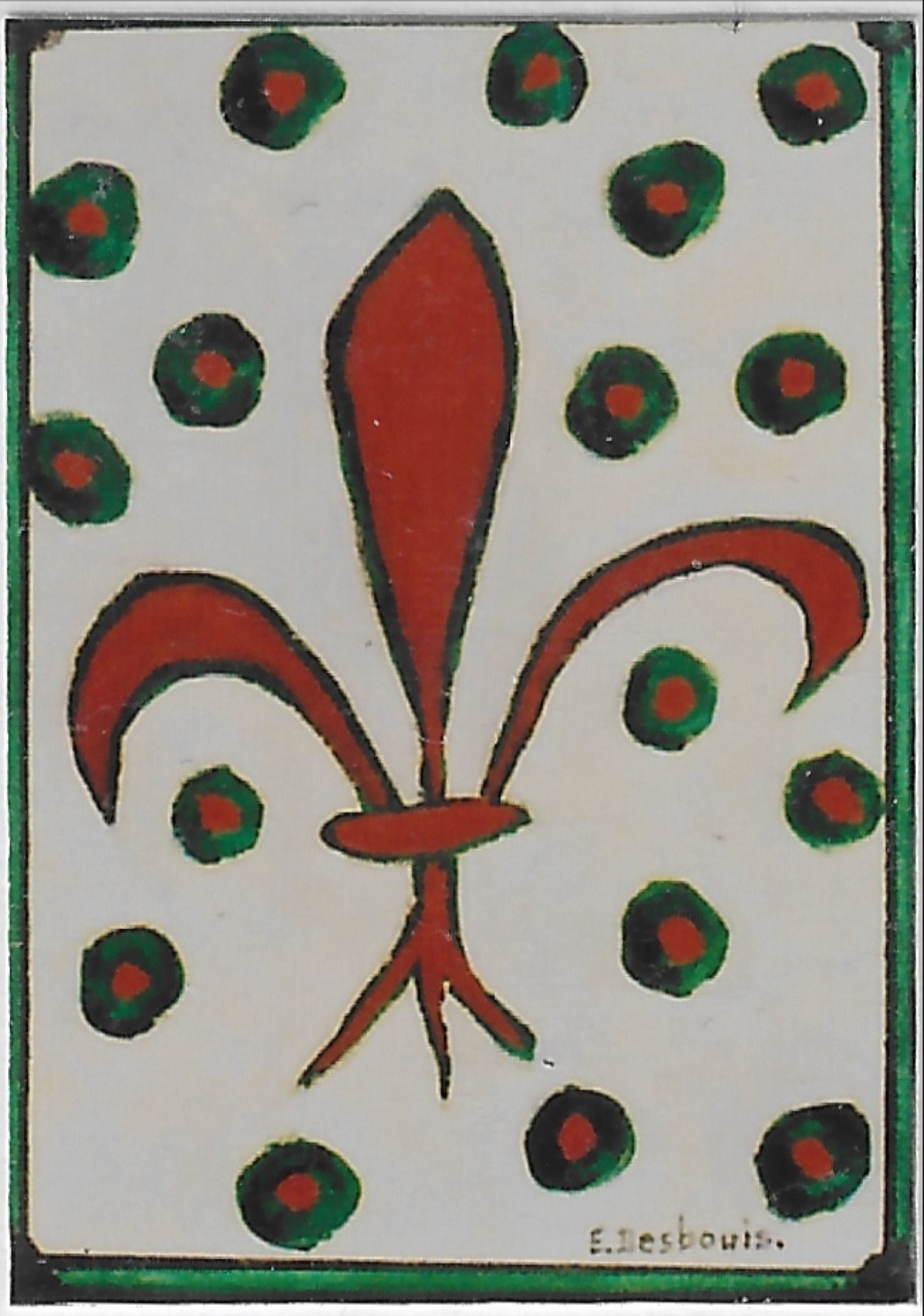 Fleur de lys rouge, fond clair avec des ronds rouge cerclés de vert