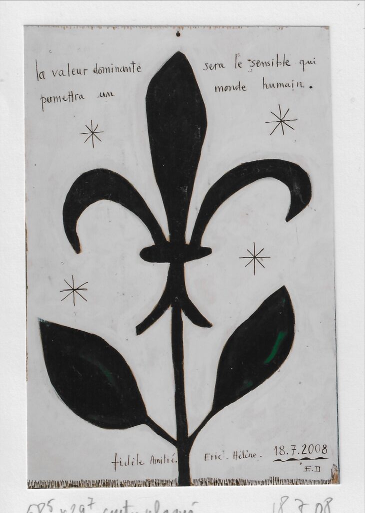 Fleur de lys noir sur tige avec deux feuilles, 4 étoiles, txte : »la valeur dominante sera le sensible qui permettra un monde humain. »
