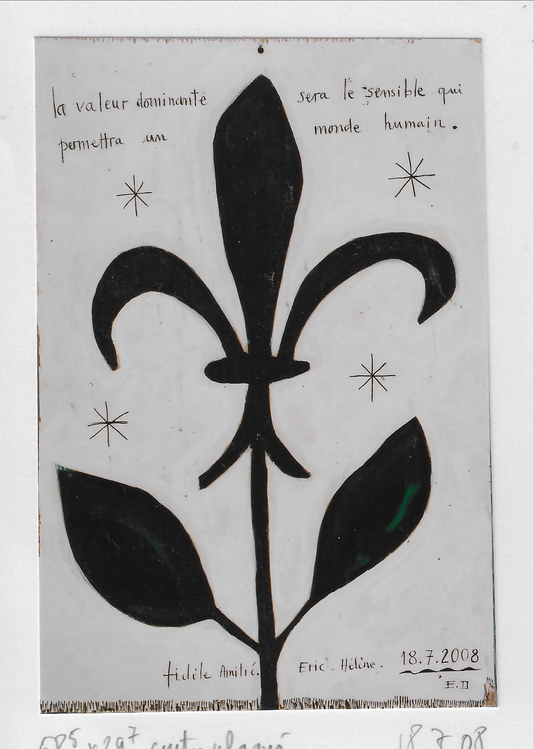 Fleur de lys noir sur tige avec deux feuilles, 4 étoiles, txte : »la valeur dominante sera le sensible qui permettra un monde humain. »