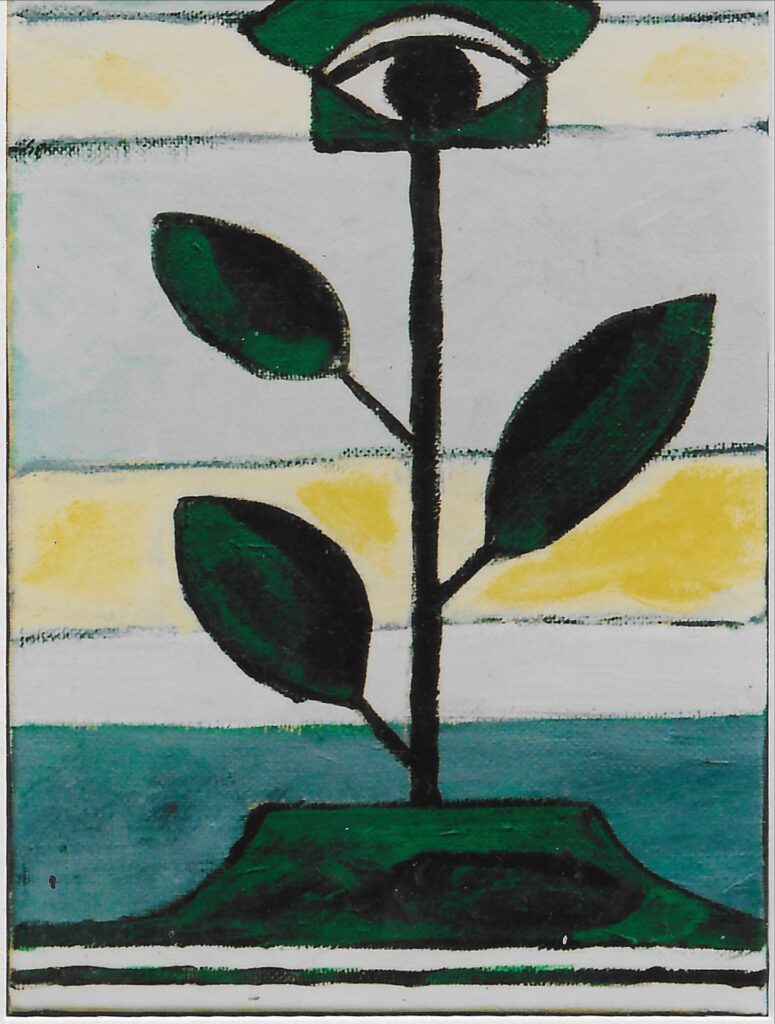 Œil au bout d’une tige à trois feuilles, ciel avec bandes jaunes et bleutrès clair, palntés sur un promontoire