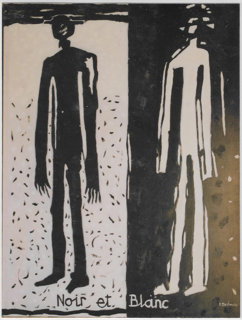 À gauche, fond blanc, silhouette noir avec taches noir, à droite, fond noir avec silhouette blanche