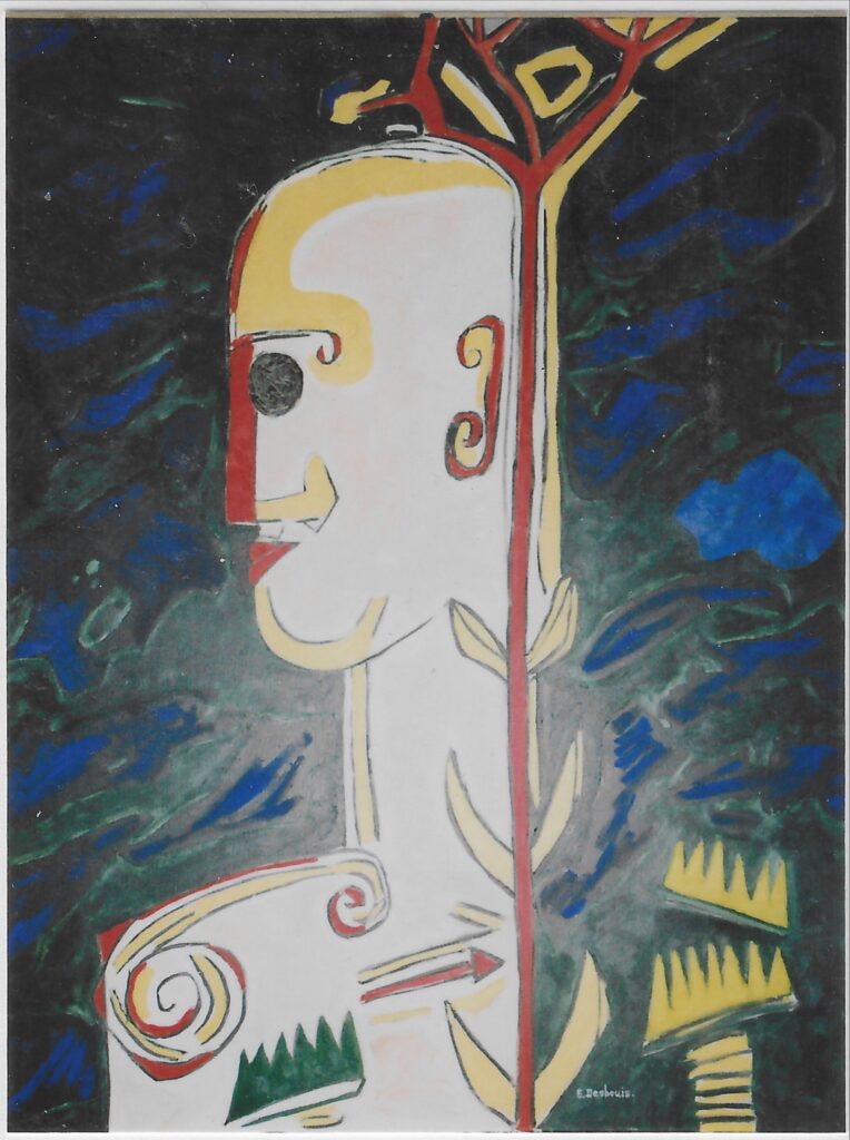 Profil stylisé rouge et jaune, fond perso clair, fond du tableau sombre noir, belu et vert, arbre fin rouge et jaune à l’arrière du profil