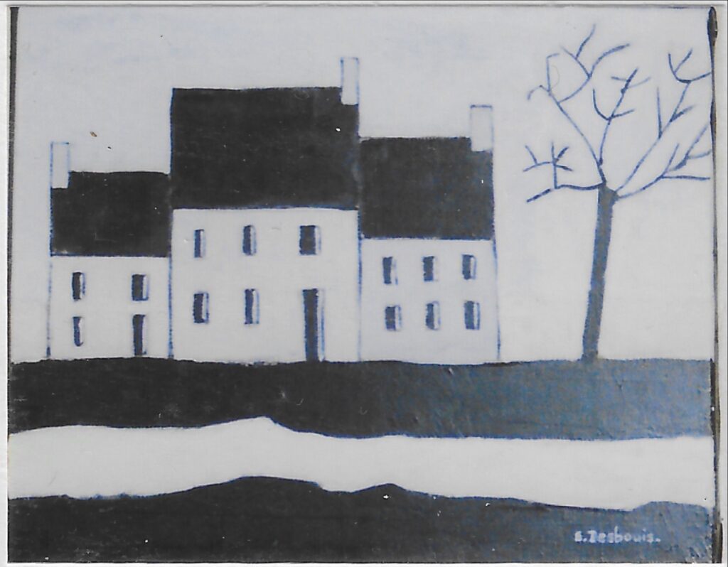 Noir et blanc, 3 maisons côte à côte, un arbre nu à droite, sol alternance de 2 bandes noires et une blanche