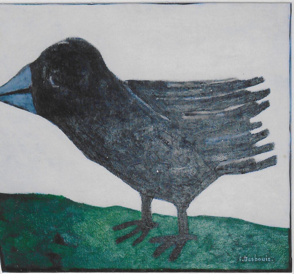 Oiseau noir à bec gris se dirige vers la gauche, sol vert, fond blanc